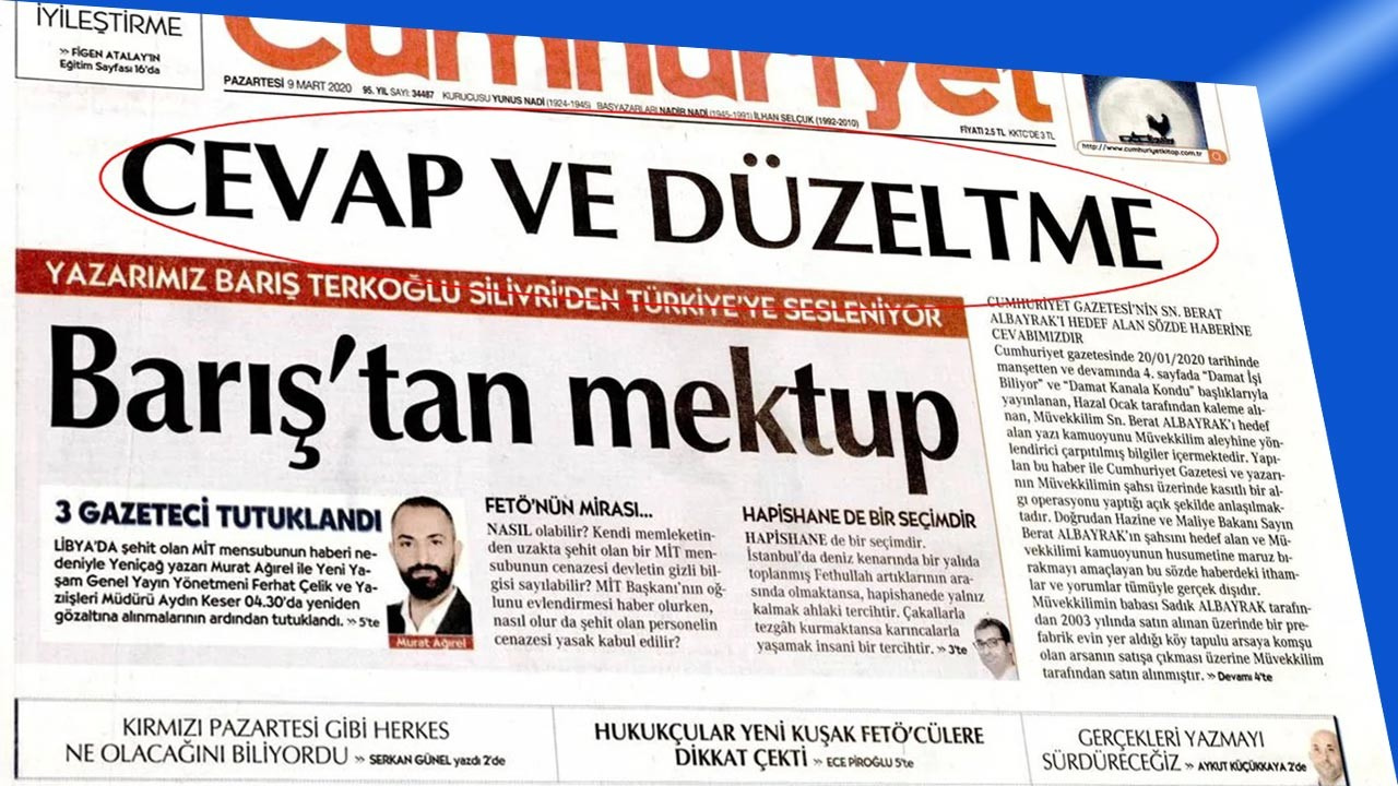 Cumhuriyet Berat Albayrak haberini düzeltti