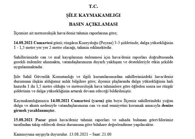 Şile'de denize girmek yasak mı, Riva, Ağva denize girmek yasaklandı mı 14 Ağustos Cumartesi