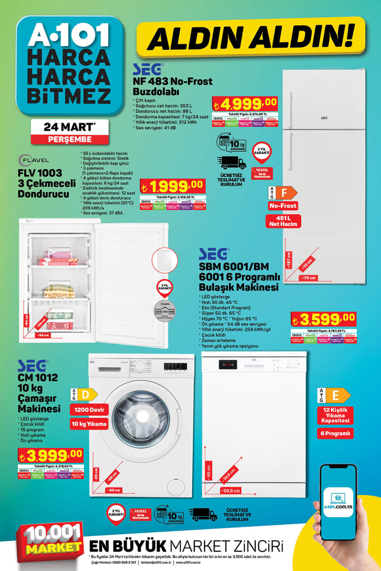A101 24 Mart kataloğu: Televizyon, buzdolabı, cep telefonu, motor, dikiş makinesi, blender